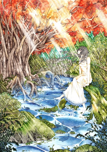 Anime picture 2464x3487 with original bouno satoshi long hair tall image highres sitting bare shoulders absurdres barefoot grey hair wet grey eyes light river nature girl plant (plants) tree (trees) water sundress
