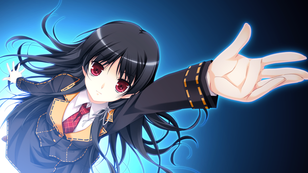Anime picture 2560x1440 with shinigami no testament ichinose yua makita maki long hair highres black hair red eyes wide image game cg arms up girl uniform school uniform