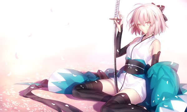 Anime picture 1600x959 with fate (series) koha-ace okita souji (fate) (all) okita souji (koha-ace) mashima saki (mashimasa) single looking at viewer fringe short hair hair between eyes wide image sitting bare shoulders holding pink hair ahoge traditional clothes japanese clothes pink eyes arm support