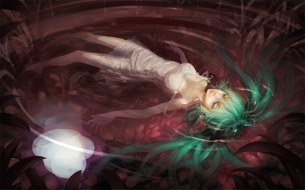 Anime picture 1512x945 with vocaloid hatsune miku monono single long hair blue eyes wide image twintails bare shoulders barefoot green hair reflection girl dress water white dress sundress