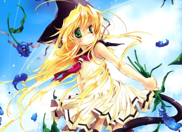 Anime picture 3342x2432 with long hair highres blonde hair green eyes absurdres tail loli dress flower (flowers) hat