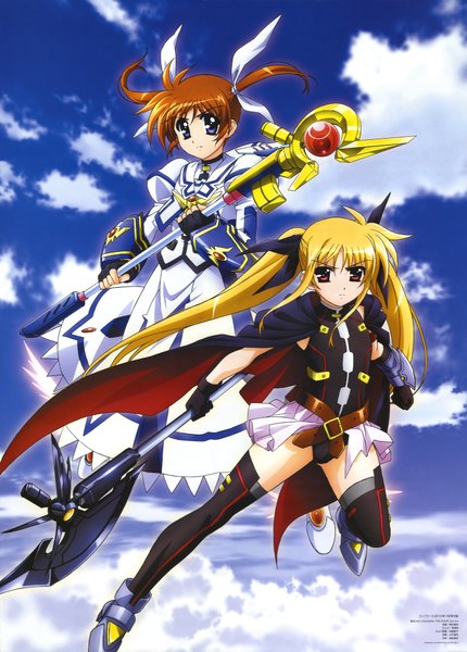 Anime picture 6063x8463 with mahou shoujo lyrical nanoha fate testarossa takamachi nanoha tall image highres blue eyes blonde hair red eyes brown hair twintails multiple girls absurdres sky cloud (clouds) magic short twintails flying girl thighhighs weapon