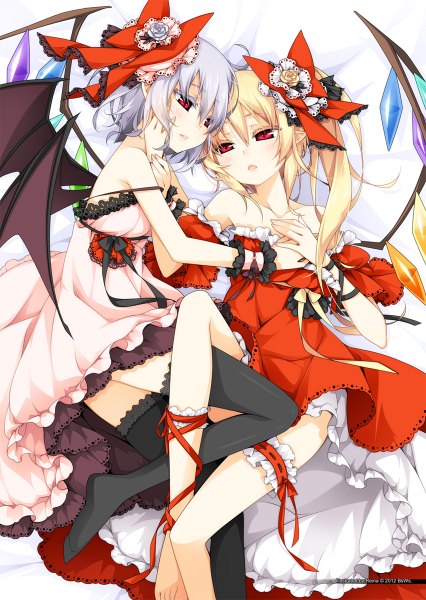 Anime picture 852x1200 with touhou flandre scarlet remilia scarlet reina (black spider) long hair tall image blush short hair open mouth blonde hair red eyes multiple girls signed purple hair pointy ears hug one side up siblings sisters girl