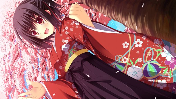 Anime picture 1280x720 with original a flow single blush short hair open mouth black hair red eyes wide image traditional clothes japanese clothes cherry blossoms girl plant (plants) petals tree (trees) hakama