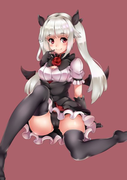 Anime picture 2480x3507 with original chenang11 single long hair tall image looking at viewer blush highres light erotic smile red eyes twintails white hair pink background girl thighhighs dress gloves underwear panties