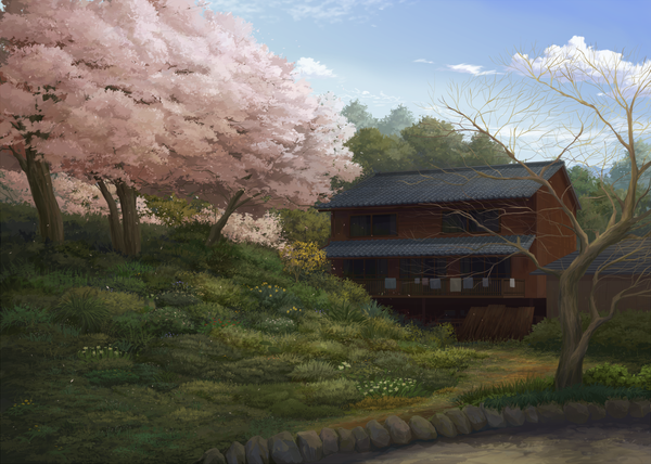 Anime picture 2100x1500 with original juuyonkou highres sky cloud (clouds) cherry blossoms landscape nature plant (plants) tree (trees) building (buildings) grass forest house