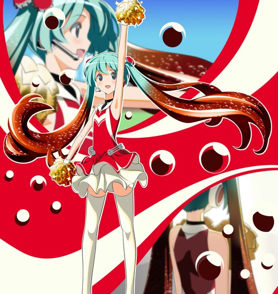 Anime picture 2081x2200 with vocaloid hatsune miku cola miku tall image highres open mouth twintails very long hair aqua eyes aqua hair arms up heterochromia zoom layer girl thighhighs miniskirt white thighhighs headphones