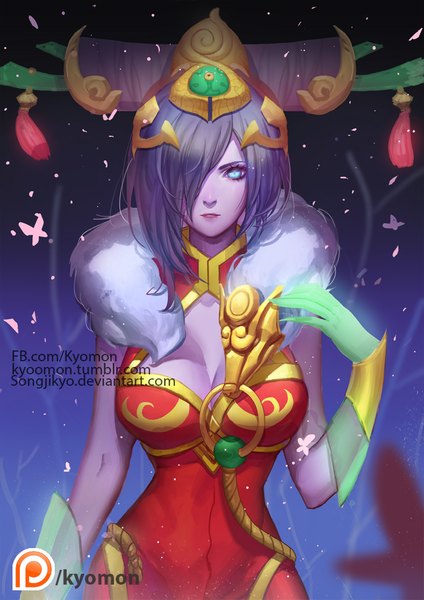 Anime picture 744x1053 with league of legends morgana (league of legends) songjikyo single long hair tall image looking at viewer fringe breasts blue eyes large breasts signed purple hair upper body hair over one eye inscription girl dress