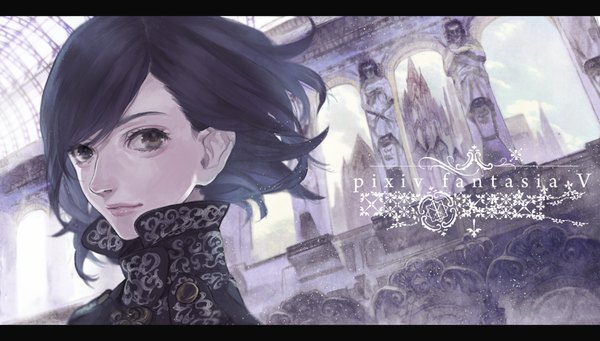 Anime picture 1407x800 with original pixiv fantasia pixiv fantasia v nishihara isao single looking at viewer short hair black hair wide image brown eyes wind black eyes copyright name heterochromia girl