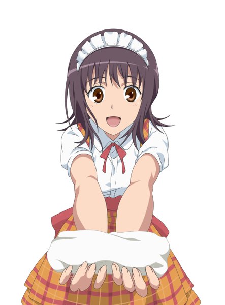 Anime picture 960x1300 with to aru majutsu no index j.c. staff itsuwa smile (rz) single tall image looking at viewer short hair open mouth black hair simple background white background brown eyes maid girl headdress maid headdress towel