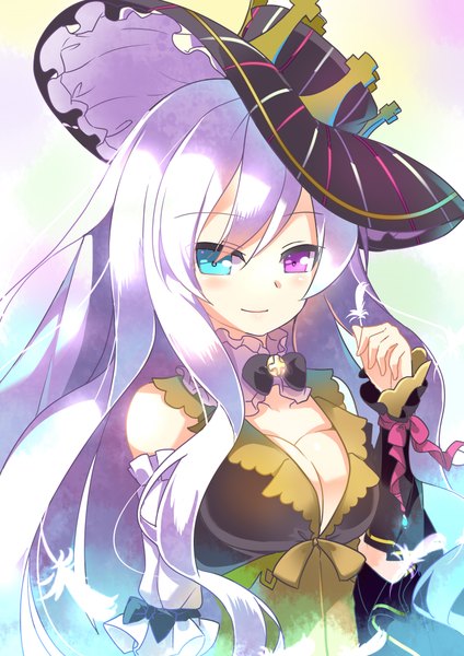 Anime picture 2893x4092 with original nyori single long hair tall image looking at viewer fringe highres breasts large breasts purple eyes cleavage silver hair aqua eyes light smile heterochromia girl dress flower (flowers) ribbon (ribbons)