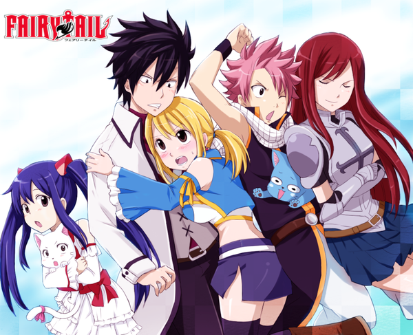 Anime picture 1106x898 with fairy tail lucy heartfilia erza scarlet natsu dragneel gray fullbuster wendy marvell happy (fairy tail) charle (fairy tail) cyoko long hair blush short hair black hair blonde hair smile twintails multiple girls brown eyes blue hair pink hair