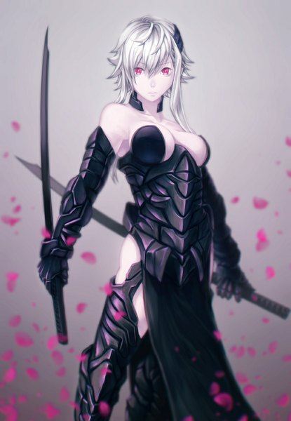 Anime picture 809x1169 with original mstm single long hair tall image breasts light erotic holding looking away white hair pink eyes dual wielding white skin albino girl dress weapon petals sword armor