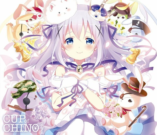 Anime picture 1000x864 with gochuumon wa usagi desu ka? white fox kafuu chino tippy (gochiusa) kono ame no single long hair looking at viewer blush fringe blue eyes smile hair between eyes bare shoulders signed payot purple hair character names happy crossed arms