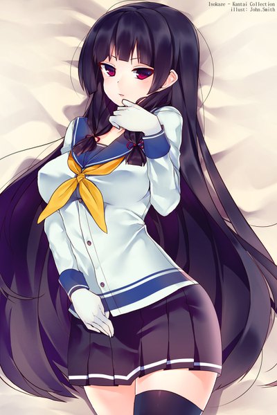 Anime picture 900x1350 with kantai collection isokaze destroyer john smith (artist) single long hair tall image looking at viewer blush fringe breasts open mouth black hair red eyes signed lying pleated skirt on back zettai ryouiki copyright name character names