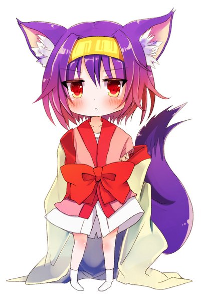 Anime picture 716x1050 with no game no life madhouse hatsuse izuna asanagi kurumi (panda-doufu) single tall image looking at viewer blush short hair red eyes standing animal ears purple hair tail long sleeves traditional clothes japanese clothes animal tail multicolored hair no shoes