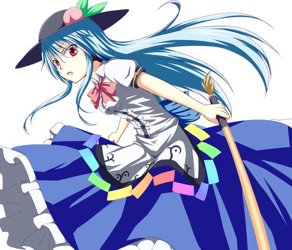 Anime picture 1400x1200 with touhou hinanawi tenshi daba (artist) single long hair open mouth red eyes blue hair transparent background girl hat sword