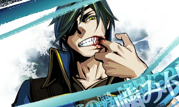 Anime picture 1024x614 with sengoku basara production i.g date masamune (maru)x shiki (pixiv) single short hair wide image yellow eyes green hair teeth sharp teeth boy choker blood eyepatch