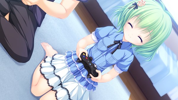 Anime picture 1920x1080 with justy nasty whirlpool (studio) kagami hibiki mikagami mamizu highres short hair smile wide image game cg eyes closed green hair girl dress
