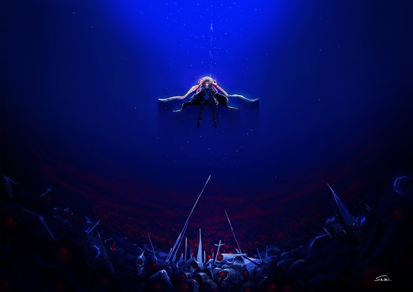 Anime picture 1534x1085 with kantai collection wo-class aircraft carrier samidare (okayou) single long hair looking at viewer fringe simple background signed glowing dark background blue background glowing eye (eyes) flying underwater skeleton shinkaisei-kan girl weapon sword