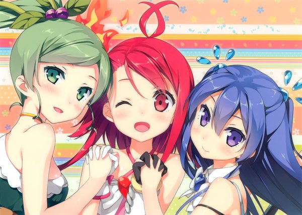 Anime picture 4200x3000 with magical suite prism nana shaft (studio) washioka itaru asagi asuka oribe kotone kantoku long hair looking at viewer blush highres open mouth smile red eyes purple eyes multiple girls green eyes blue hair absurdres red hair one eye closed