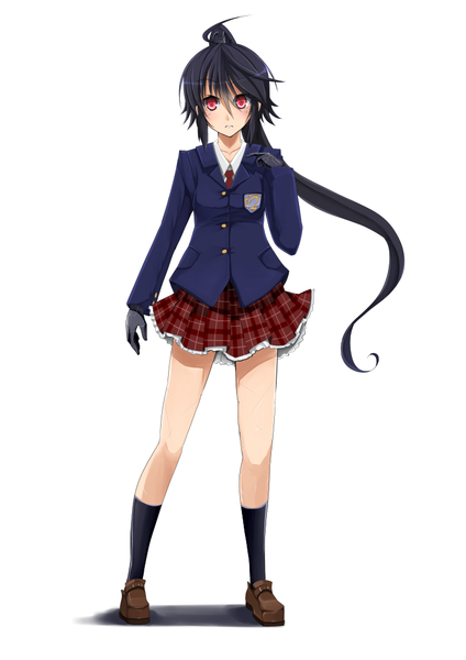 Anime picture 723x1023 with amino dopple (artist) single long hair tall image looking at viewer blush black hair simple background red eyes white background ponytail girl gloves uniform school uniform socks black socks