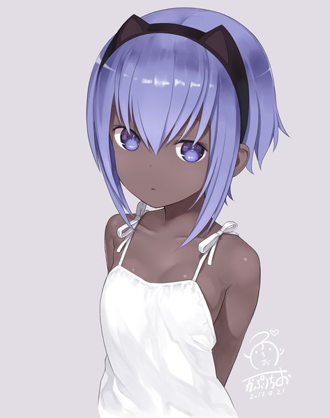 Anime picture 789x1000 with fate (series) fate/prototype hassan of serenity (fate) capriccio single tall image looking at viewer fringe short hair simple background hair between eyes purple eyes signed animal ears payot purple hair upper body cat ears grey background alternate costume