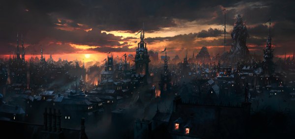 Anime picture 2500x1184 with original jonas de ro (jenovah-art) highres wide image sky cloud (clouds) wind city evening sunset horizon cityscape city lights sun flag statue