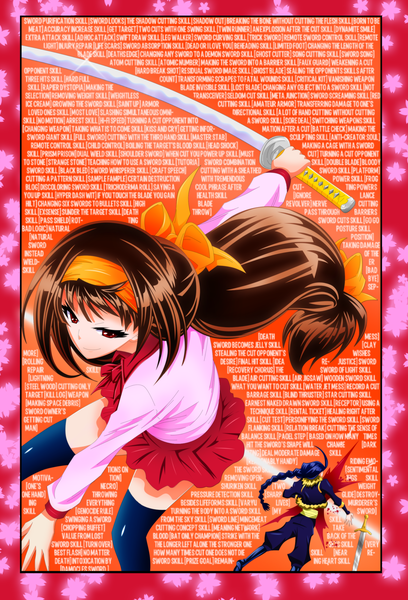 Anime picture 2042x3000 with medaka box gainax ajimu najimi stormbrigader long hair tall image highres smile red eyes brown hair blue hair pleated skirt coloring single braid framed girl thighhighs uniform bow weapon