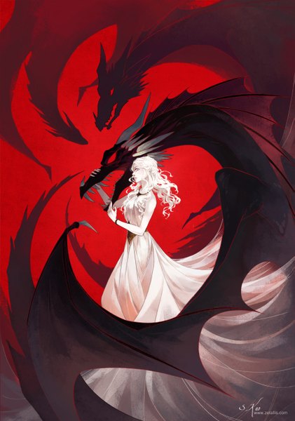 Anime picture 941x1340 with a song of ice and fire daenerys targaryen drogon zetallis long hair tall image looking at viewer open mouth blue eyes simple background standing holding white hair teeth fang (fangs) wavy hair red background fantasy white skin girl