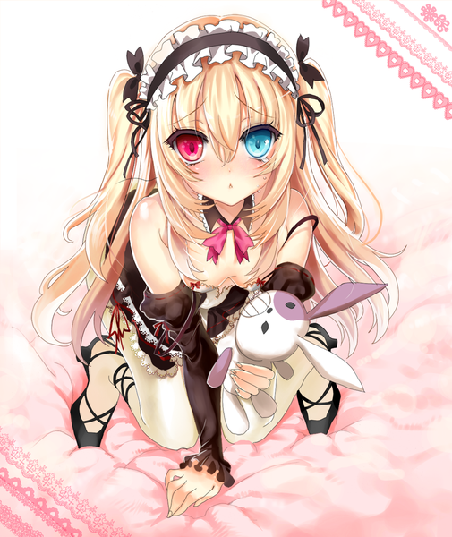 Anime picture 1890x2244 with boku wa tomodachi ga sukunai hasegawa kobato cosmos single long hair tall image looking at viewer blush highres blonde hair loli two side up heterochromia lolita fashion girl dress detached sleeves toy stuffed animal