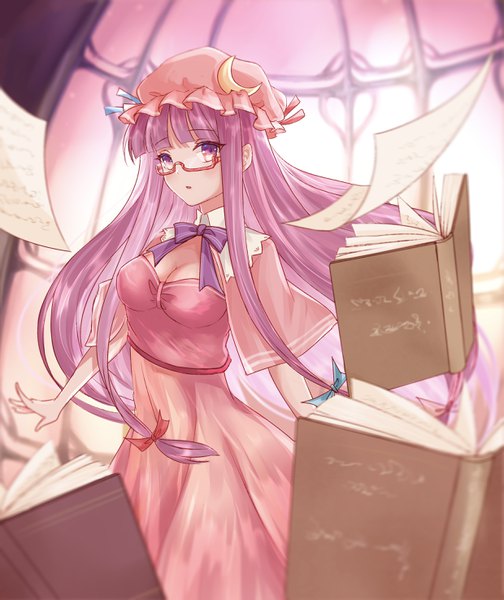 Anime picture 2480x2952 with touhou patchouli knowledge juunanaban single long hair tall image looking at viewer blush fringe highres breasts purple eyes cleavage purple hair blunt bangs parted lips girl hat glasses book (books)