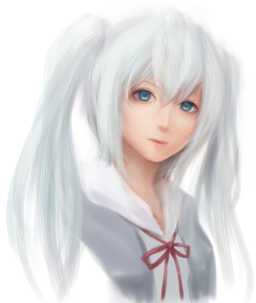 Anime picture 1748x2072 with vocaloid hatsune miku moekyon single long hair tall image highres blue eyes simple background white background twintails silver hair lips realistic portrait face cosplay ayanami rei (cosplay) girl uniform