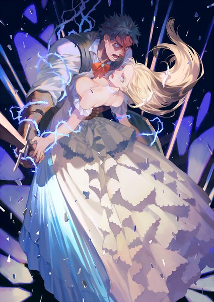 Anime picture 700x989 with jojo no kimyou na bouken jonathan joestar erina pendleton hermit purple coralstone long hair tall image short hair breasts open mouth blue eyes light erotic black hair blonde hair large breasts bare shoulders cleavage couple twisty sleeves stand (jojo)