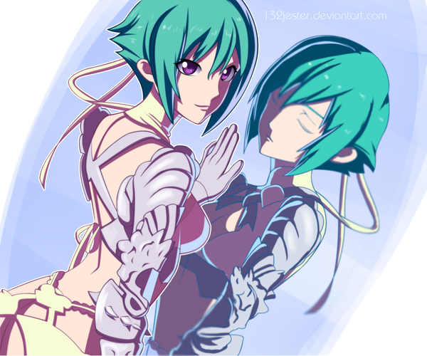 Anime picture 1200x1000 with aquarion (series) aquarion evol satelight zessica wong 132jester short hair smile purple eyes eyes closed looking back green hair coloring dual persona girl gloves ribbon (ribbons) mirror