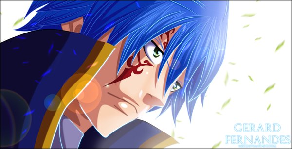Anime picture 1400x718 with fairy tail jellal fernandes xset single short hair wide image white background green eyes blue hair sunlight inscription tattoo coloring close-up face boy petals cloak