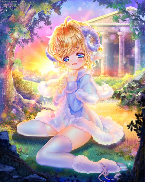 Anime picture 672x840 with original a.yuuki (au7) single tall image blush short hair open mouth blue eyes blonde hair sitting sky horn (horns) sunlight wariza evening sunset sheep girl girl thighhighs dress
