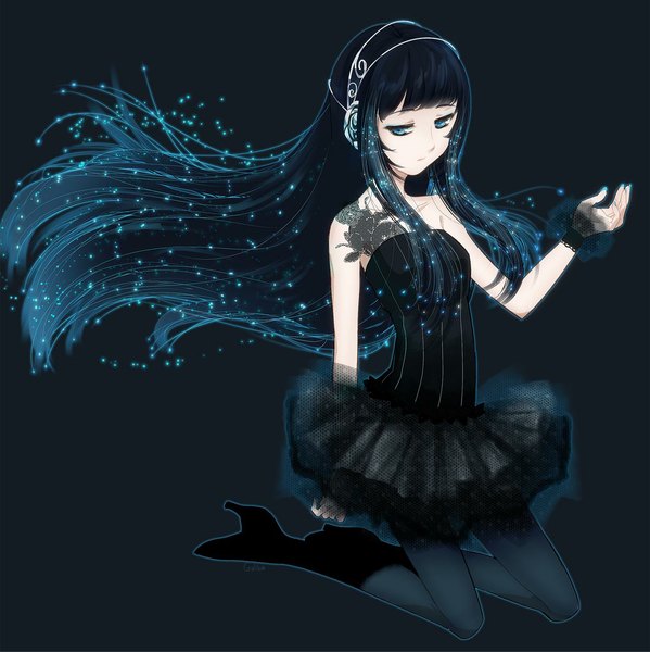 Anime picture 1184x1186 with original galibo single long hair blue eyes black hair simple background kneeling glowing girl dress skirt miniskirt black dress wrist cuffs