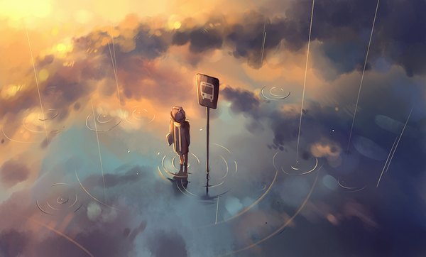 Anime picture 910x550 with original megatruh single wide image standing sky cloud (clouds) from above reflection rain socks black socks beret child (children) bus stop