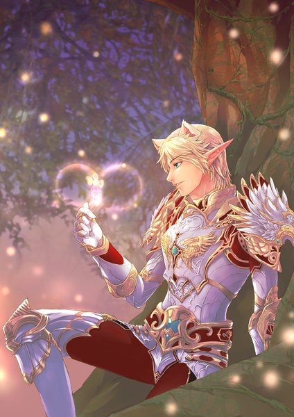 Anime picture 1240x1754 with lineage (game) veggiesexy single tall image short hair blonde hair sitting animal ears profile aqua eyes pointy ears magic glow boy gloves plant (plants) tree (trees) armor