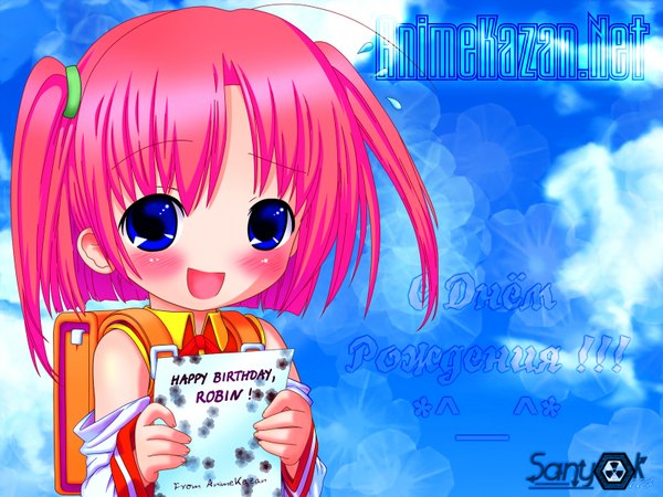 Anime picture 1600x1200 with moetan nijihara ink sanyok774 mach ii single looking at viewer short hair open mouth blue eyes smile pink hair sky :d two side up wallpaper text vector third-party edit happy birthday russian
