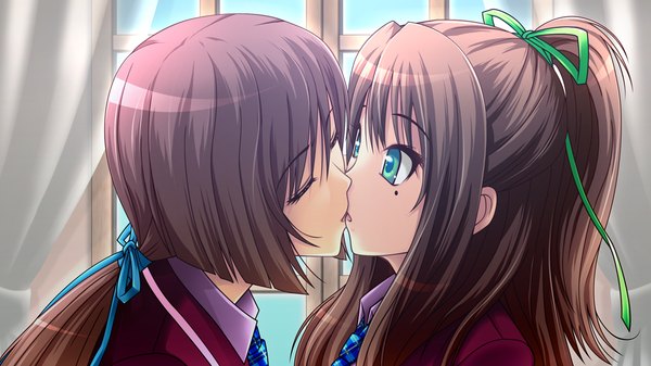 Anime picture 1024x576 with zutto! josou de haramasete (game) long hair black hair wide image green eyes game cg kiss otoko no ko girl boy uniform school uniform