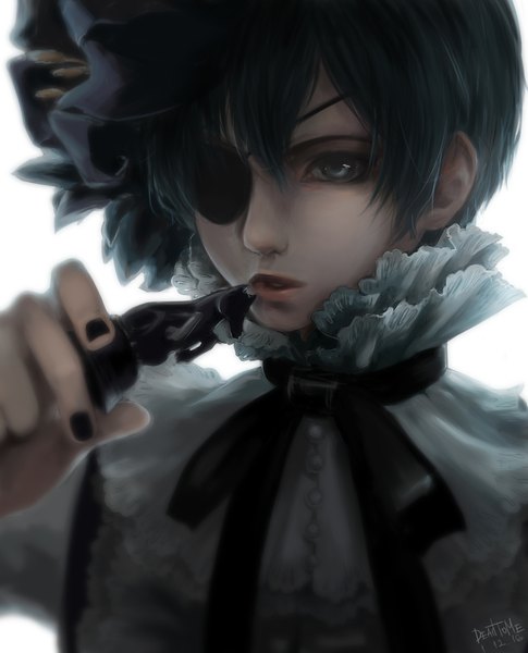 Anime picture 791x977 with kuroshitsuji a-1 pictures ciel phantomhive deadtome single tall image fringe short hair black hair simple background hair between eyes white background holding signed looking away upper body nail polish parted lips realistic inscription