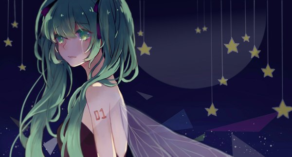 Anime picture 2600x1400 with vocaloid hatsune miku ffan single long hair looking at viewer fringe highres wide image twintails bare shoulders aqua eyes aqua hair tattoo insect wings girl wings star (symbol) moon full moon