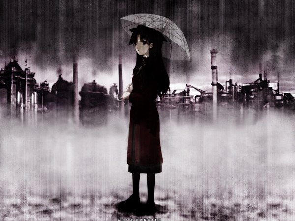 Anime picture 1600x1200 with fate (series) fate/stay night studio deen type-moon toosaka rin single long hair standing outdoors text monochrome english transparent umbrella girl umbrella