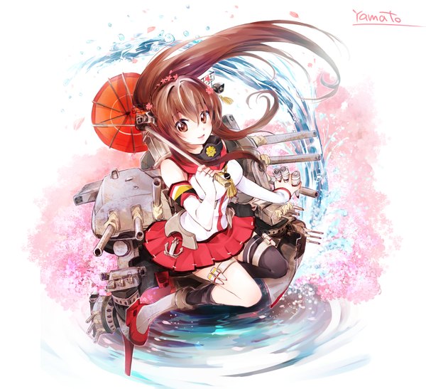 Anime picture 1900x1735 with kantai collection yamato super battleship makuwauri single long hair looking at viewer highres brown hair brown eyes full body ponytail light smile girl weapon petals boots umbrella