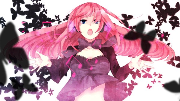 Anime picture 1920x1080 with vocaloid megurine luka single long hair highres open mouth blue eyes wide image pink hair singing girl headphones insect butterfly musical note