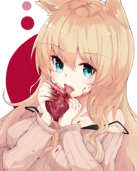 Anime picture 1608x2000 with original kou mashiro single long hair tall image looking at viewer blush highres open mouth blonde hair bare shoulders animal ears aqua eyes fox ears licking girl tongue blood sweater heart (organ)