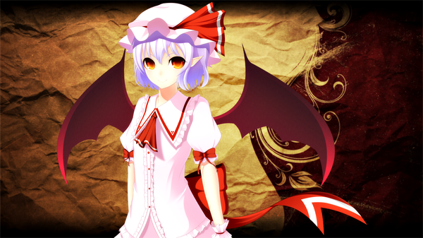 Anime picture 1920x1080 with touhou remilia scarlet junior27016 single highres short hair red eyes wide image blue hair pointy ears girl dress bow wings bonnet