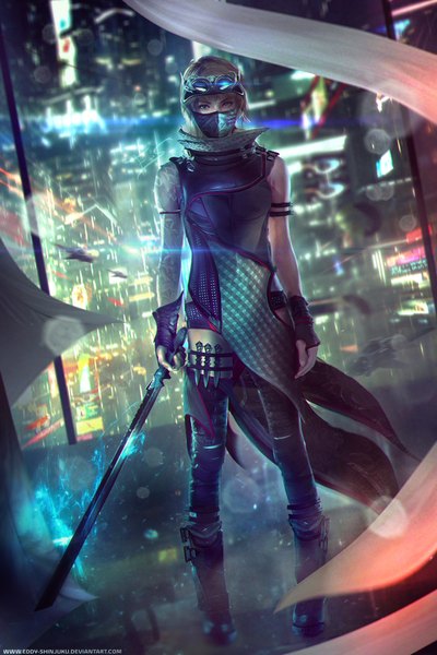 Anime picture 1120x1680 with original eddy-shinjuku single tall image looking at viewer fringe short hair breasts brown hair standing signed outdoors wind grey eyes watermark covered mouth city lights goggles on head science fiction seigaiha
